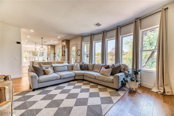 Interior, Living room, Pendant Lights, Recessed Lighting, Wood Texture Flooring