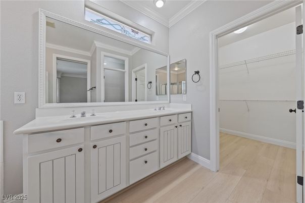 Bathroom, Dual Sink Vanities, Interior, Recessed Lighting, Wood Texture Flooring