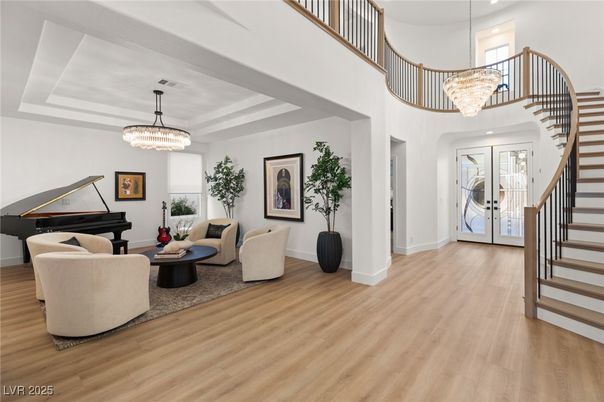 Chandelier, Interior, Living room, Piano, Recessed Lighting, Wood Texture Flooring