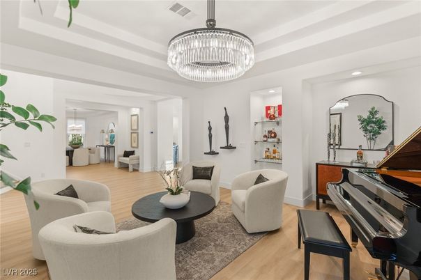 Chandelier, Interior, Living room, Piano, Recessed Lighting, Wood Texture Flooring