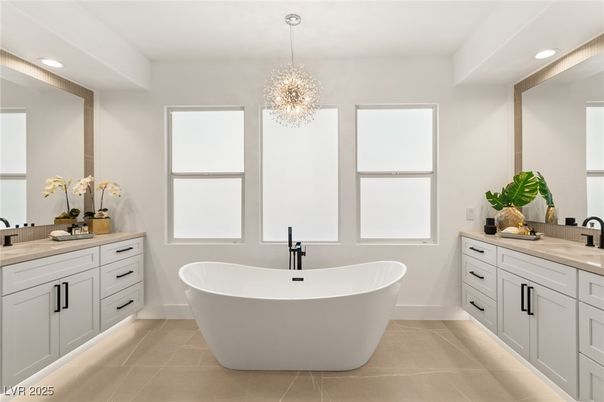 Bathroom, Chandelier, Dual Sink Vanities, Free Standing Baths, Interior, Recessed Lighting
