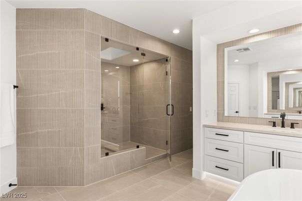 Bathroom, Dual Sink Vanities, Glass Shower, Interior, Recessed Lighting