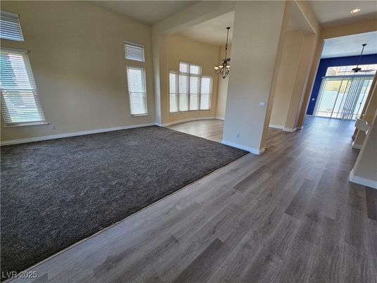 Chandelier, Empty room, Interior, Pendant Lights, Recessed Lighting, Wood Texture Flooring