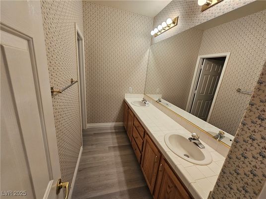 Bathroom, Dual Sink Vanities, Interior, Tile Countertops, Wood Texture Flooring