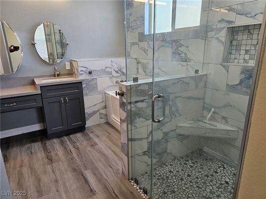 Bathroom, Glass Shower, Interior, Marble Walls, Wood Texture Flooring