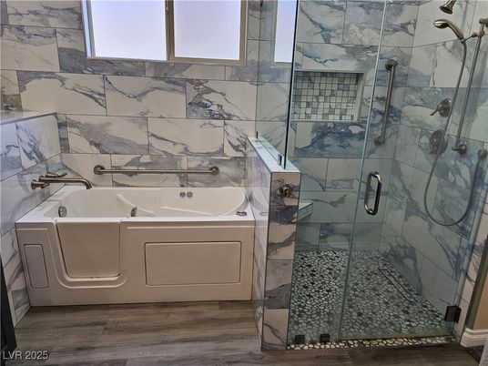 Bathroom, Glass Shower, Interior, Marble Walls, Wood Texture Flooring