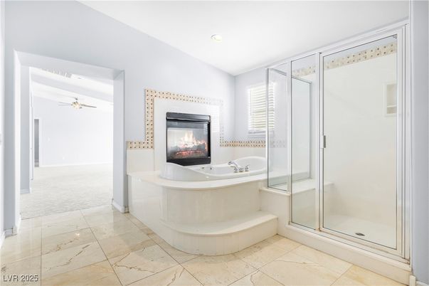 Bathroom, Fireplace, Glass Shower, Interior, Recessed Lighting