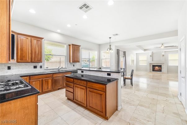 Dining room, Fireplace, Interior, Kitchen, Pendant Lights, Recessed Lighting