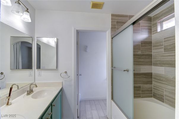 Bathroom, Dual Sink Vanities, Glass Shower, Interior, Wood Texture Flooring
