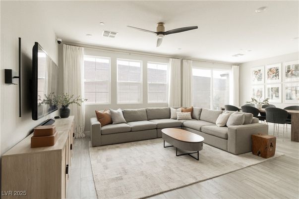 Dining room, Interior, Living room, Recessed Lighting, Wood Texture Flooring