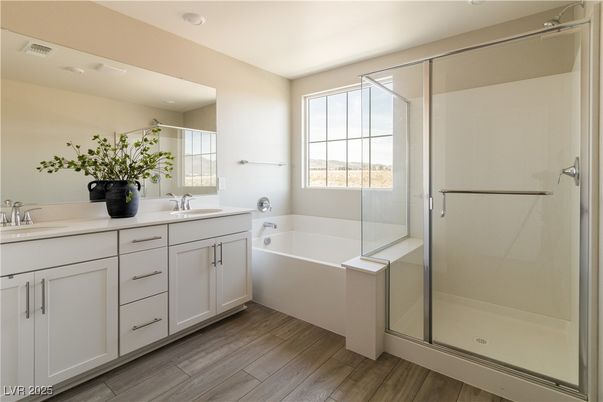 Bathroom, Dual Sink Vanities, Glass Shower, Interior, Wood Texture Flooring