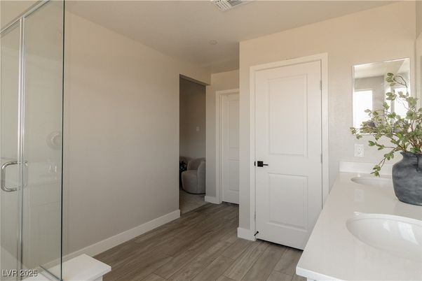 Bathroom, Dual Sink Vanities, Glass Shower, Interior, Wood Texture Flooring