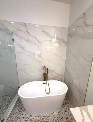 Bathroom, Free Standing Baths, Glass Shower, Interior, Marble Walls, Recessed Lighting
