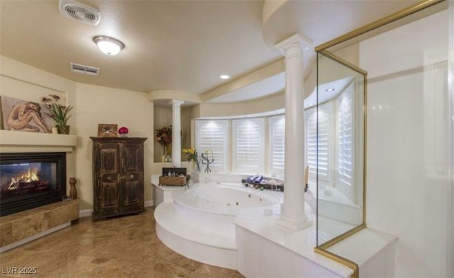 Bathroom, Fireplace, Glass Shower, Interior, Recessed Lighting