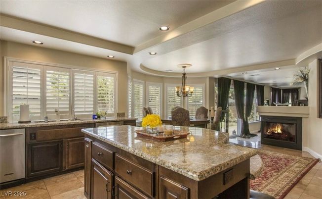 Chandelier, Dining room, Fireplace, Interior, Kitchen, Recessed Lighting