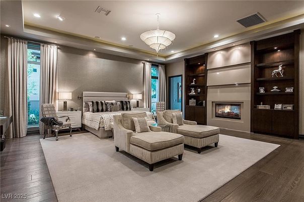 Bedroom, Chandelier, Fireplace, Interior, Recessed Lighting, Wood Texture Flooring