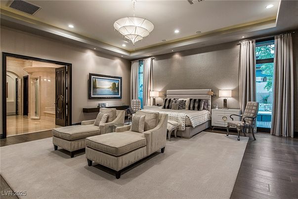 Bedroom, Chandelier, Interior, Recessed Lighting, Wood Texture Flooring