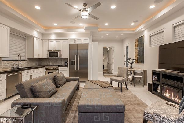 Dining room, Fireplace, Interior, Kitchen, Living room, Recessed Lighting, Stainless Steel Appliances