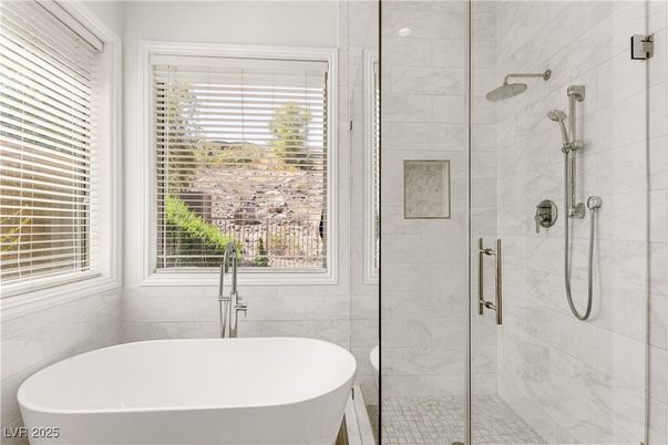 Bathroom, Free Standing Baths, Glass Shower, Interior, Marble Walls