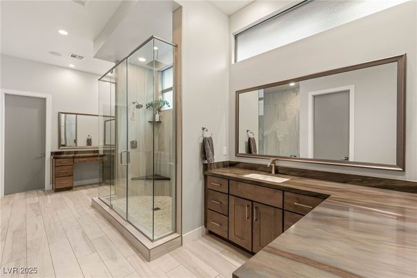Bathroom, Dual Sink Vanities, Glass Shower, Interior, Recessed Lighting, Wood Texture Flooring