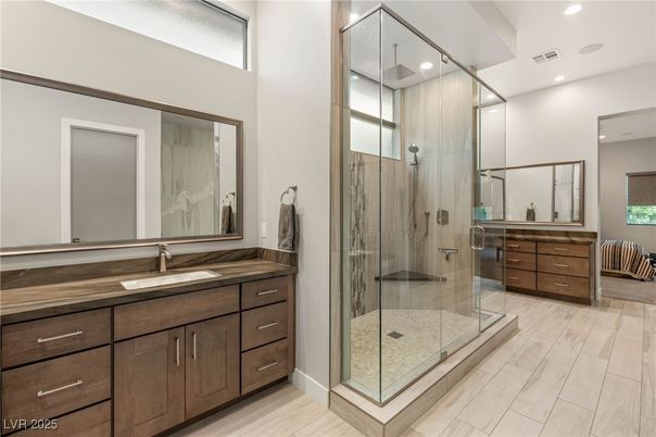 Bathroom, Dual Sink Vanities, Glass Shower, Interior, Recessed Lighting, Wood Texture Flooring