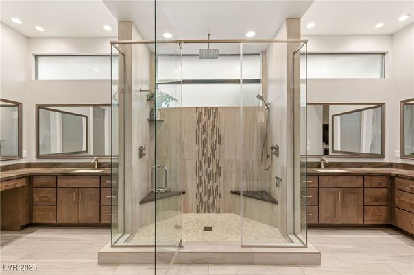 Bathroom, Dual Sink Vanities, Glass Shower, Interior, Recessed Lighting