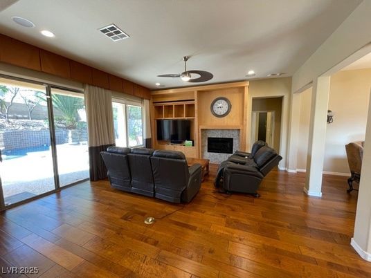 Fireplace, Interior, Living room, Recessed Lighting, Wood Texture Flooring