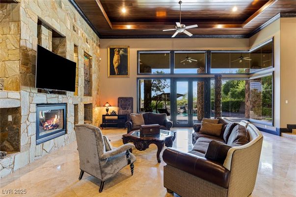 Fireplace, Interior, Living room, Recessed Lighting, Stone Walls, Wooden Ceilings