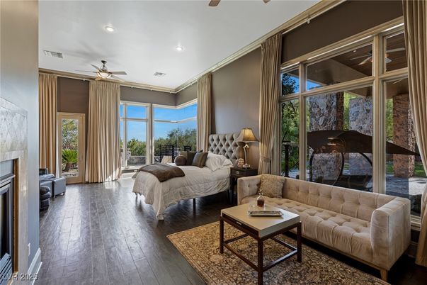 Bedroom, Fireplace, Interior, Living room, Recessed Lighting, Wood Texture Flooring