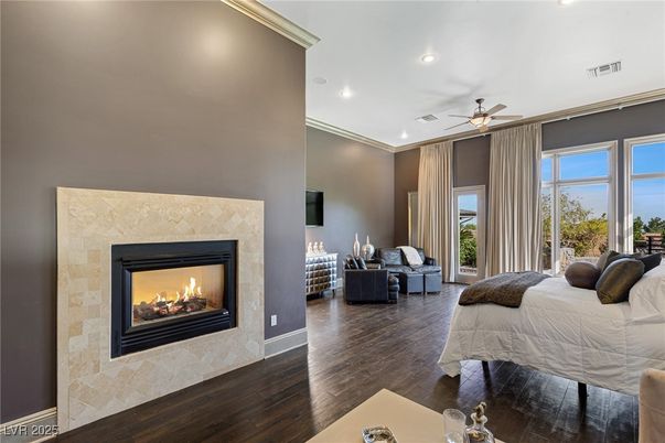 Bedroom, Fireplace, Interior, Living room, Recessed Lighting, Wood Texture Flooring