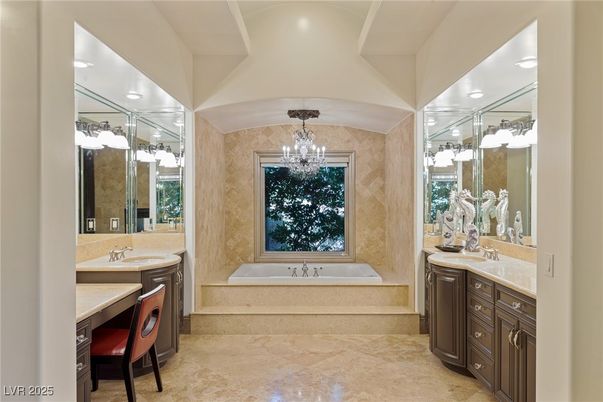 Bathroom, Chandelier, Dual Sink Vanities, Interior, Recessed Lighting