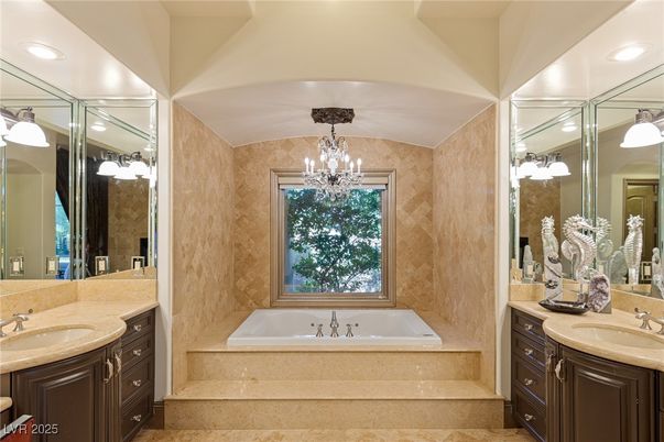 Bathroom, Chandelier, Dual Sink Vanities, Interior, Recessed Lighting