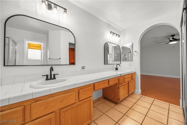 Bathroom, Dual Sink Vanities, Interior, Tile Countertops, Wood Texture Flooring