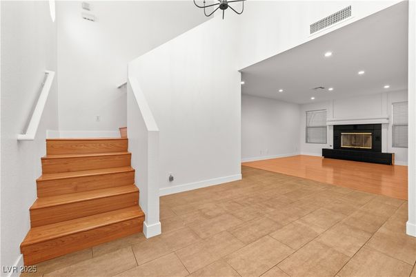 Empty room, Fireplace, Interior, Recessed Lighting, Wood Texture Flooring