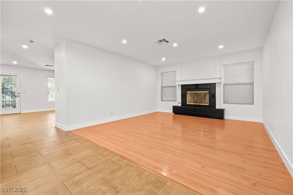 Empty room, Fireplace, Interior, Recessed Lighting, Wood Texture Flooring