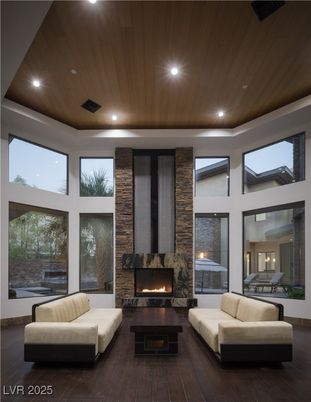 Fireplace, Interior, Living room, Recessed Lighting, Stone Walls, Wooden Ceilings, Wood Texture Flooring