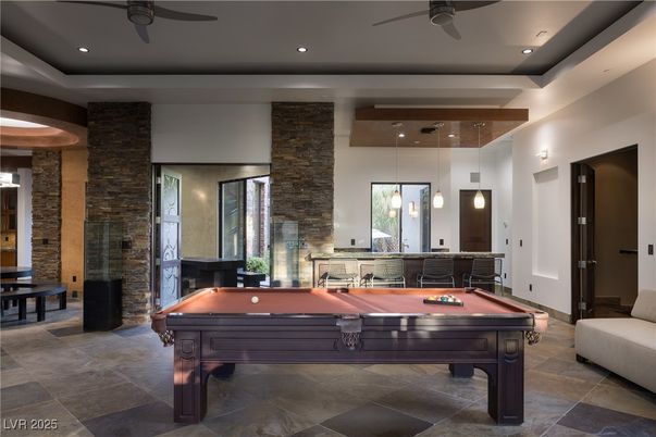Billiard Table, Game Room, Interior, Pendant Lights, Recessed Lighting, Stone Walls