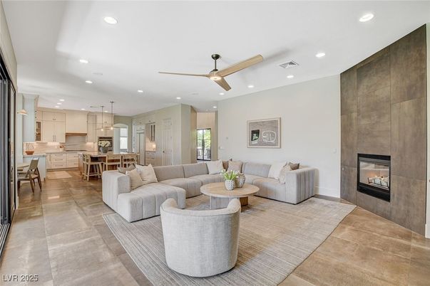 Dining room, Fireplace, Interior, Kitchen, Living room, Pendant Lights, Recessed Lighting