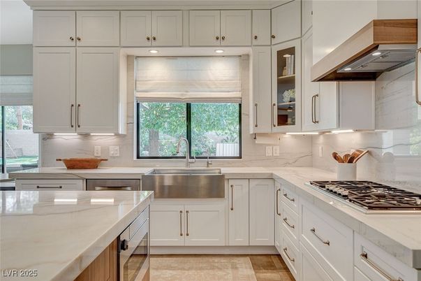 Interior, Kitchen, Marble Walls, Stainless Steel Appliances, Wood Texture Flooring