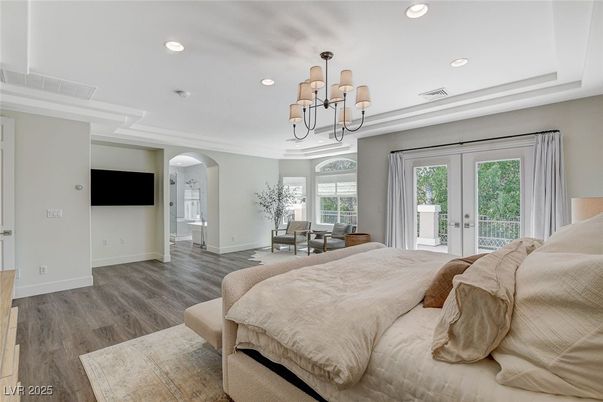 Bedroom, Chandelier, Interior, Recessed Lighting, Wood Texture Flooring