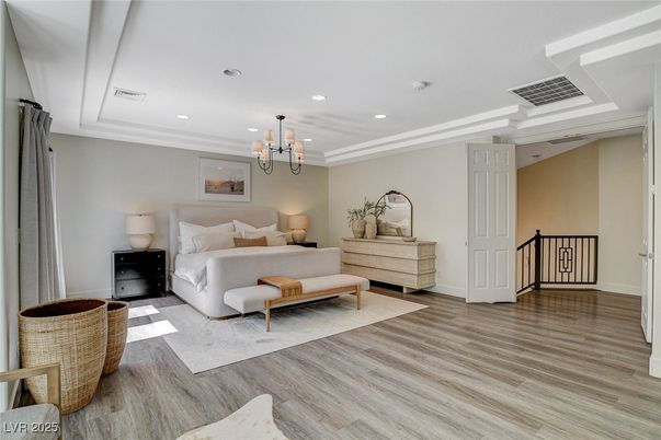 Bedroom, Chandelier, Interior, Pendant Lights, Recessed Lighting, Wood Texture Flooring