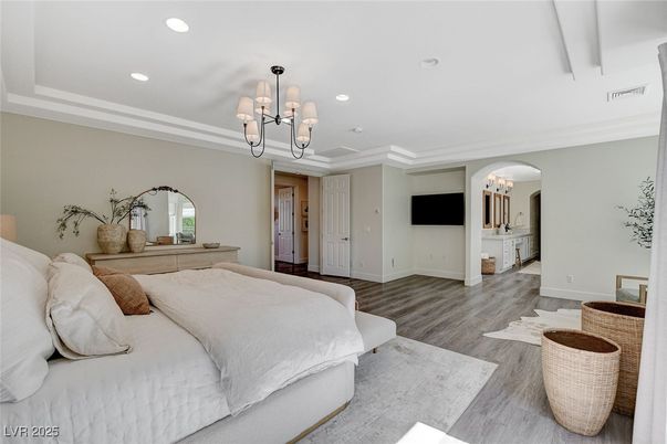 Bedroom, Chandelier, Interior, Recessed Lighting, Wood Texture Flooring