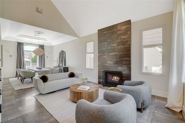 Dining room, Fireplace, Interior, Living room, Pendant Lights