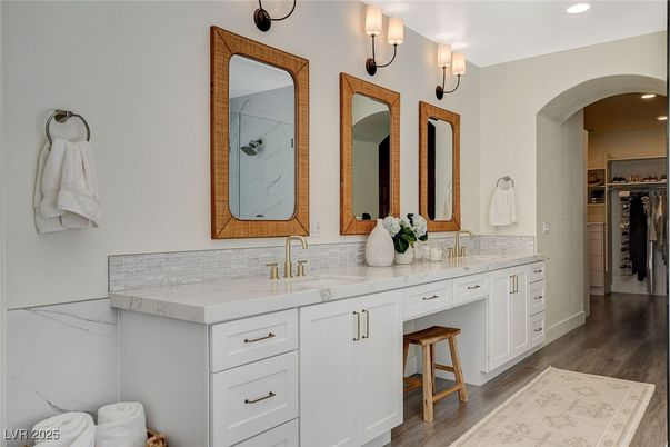 Bathroom, Dual Sink Vanities, Interior, Recessed Lighting, Wood Texture Flooring