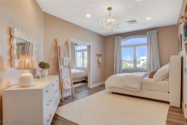 Bedroom, Chandelier, Interior, Recessed Lighting, Wood Texture Flooring