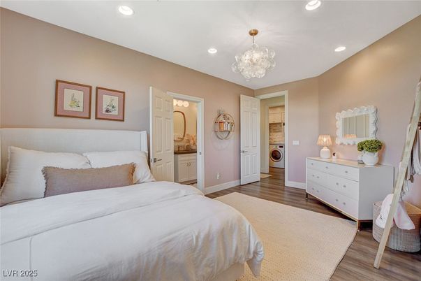 Bedroom, Chandelier, Interior, Recessed Lighting, Wood Texture Flooring