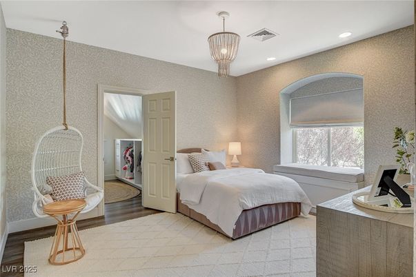 Bedroom, Chandelier, Interior, Recessed Lighting, Wood Texture Flooring