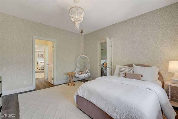 Bedroom, Chandelier, Interior, Wood Texture Flooring