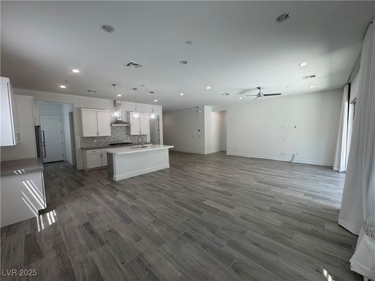 Empty room, Interior, Kitchen, Pendant Lights, Recessed Lighting, Wood Texture Flooring
