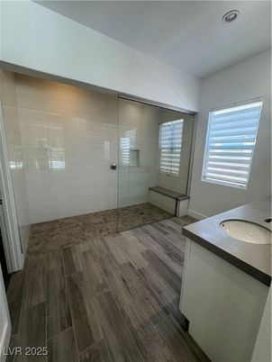 Bathroom, Glass Shower, Interior, Recessed Lighting, Wood Texture Flooring